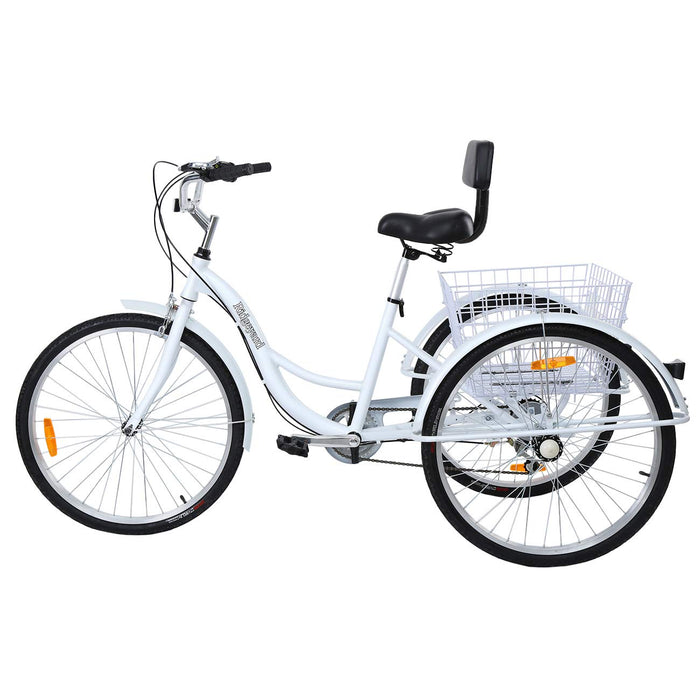 MuGuang Rower trójkołowy dla dorosłych 26 cali, 7 prędkości, 3 koła, rower trójkołowy z ramą kosza ze stopu aluminium