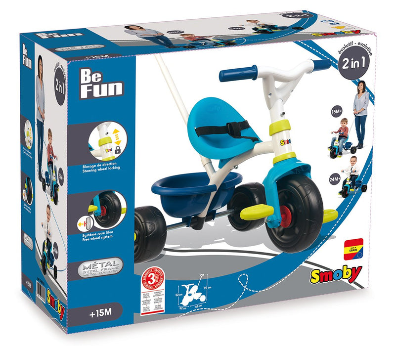 Smoby 740323 Be Fun rower trójkołowy dziecięcy z drążkiem do pchania, siedzisko z pasem bezpieczeństwa, metalowa rama, z wolnym biegiem pedałów, dla dzieci od 15 miesięcy