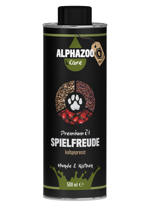 alphazoo Spielfreude olej paszowy barf psy koty 500 ml, ruch & sprawność, substancje witalne dla stawów i ścięgien, olej konopny tłoczony na zimno premium suplement diety, naturalna mieszanka olejów omega, bez BPA