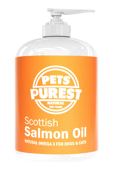 Pets Purest 100% naturalny olej z łososia premium dla psów, kotów, koni i zwierząt domowych. tłoczony na zimno z kwasami tłuszczowymi Omega 3 i Omega 6, olej rybny dla szczeniaków, dorosłych, senior, bez dodatków, dodatek barf (500 ml)