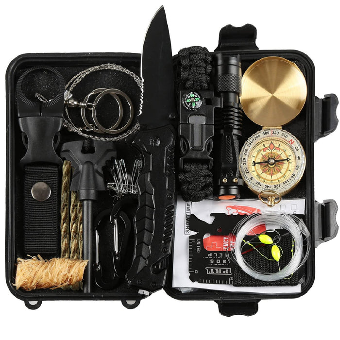 Lixada Zestaw survivalowy z kompasem, paracord, bransoletka, koc ratunkowy, latarka i inne akcesoria na kemping, wędrówki, polowanie, Bushcraft, przygody na świeżym powietrzu