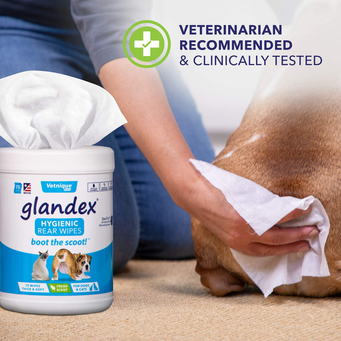 glandex Chusteczki dla psów oczyszczające, dezodoryzujące, higieniczne chusteczki do pielęgnacji gruczołów (pojemnik 75 karatów) – od Vetnique Labs