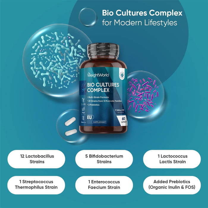 WeightWorld Bio Cultures Complex Probiotics and Prebiotics - 77 Billion CFU - 20 Live Bacterial Cultures - 60 Probiotic Complex Capsules for Women & Men