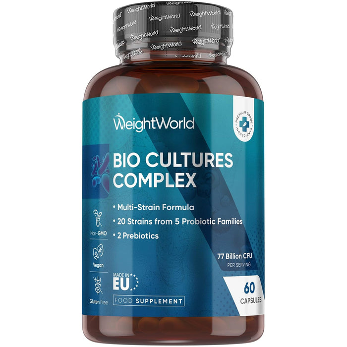 WeightWorld Bio Cultures Complex Probiotics and Prebiotics - 77 Billion CFU - 20 Live Bacterial Cultures - 60 Probiotic Complex Capsules for Women & Men