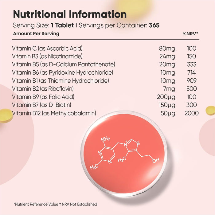 Vitamina B Complex 180 Comprimidos Dosis Alta Vitaminas del Grupo B Vegano- Complejo Vitamnico B con Vitamina C, Biotina, cido Flico B1, B2, B3, B5, B6 y B12, Aumenta Concentracin y Memoria