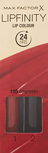 Max Factor Lipfinity Lip Colour Confident 115 – prawdziwa szminka do ust z 24 h utrwaleniem bez wysuszania, z intensywnym oddaniem koloru, precyzyjnym aplikatorem i intensywnie pielęgnujący lakier top