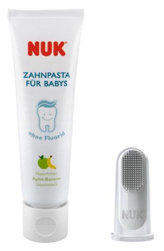 NUK Zestaw do pielęgnacji ust z pastą do zębów dla niemowląt i naturalnym smakiem banana, w tym szczoteczka do zębów, bez BPA, bez fluoru, 1 sztuka
