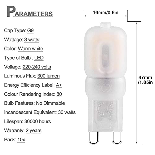 Żarówka LED G9, 10 szt., Bombubilla bez migotania, 3 W, żarówka LED Base Pin G9, 3000 K, ciepła biel AC 220 V, zastępuje żarówki halogenowe 30 W, bez możliwości ściemniania