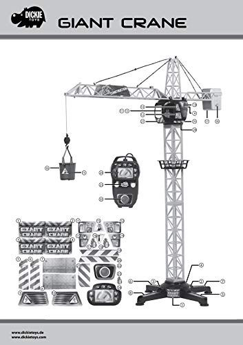 Dickie Toys 203462411 MEGA CRANE Zabawkowy Dźwig zdalnie sterowany z pilotem kablowym, obrotowa kabina i wózek obraca się o 360 stopni, wysokość 120 cm, żuraw dla dzieci od 4 lat