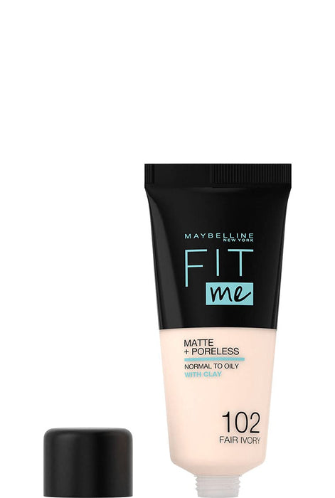 Maybelline New York Fit Me Matte+Poreless matujący podkład dla skóry mieszanej i tłustej, fluid z glinką kosmetyczną, naturalny mat bez świecenia, 102 Fair Ivory, 30 ml