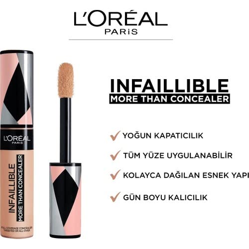 L'Oréal Paris Infallible More than Concealer korektor do twarzy, perfekcyjne krycie i trwałość do 24h, 322 Ivory, 11 ml