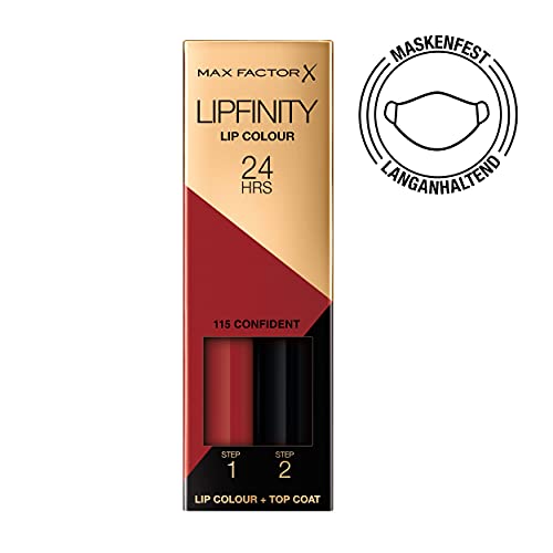 Max Factor Lipfinity Lip Colour Confident 115 – prawdziwa szminka do ust z 24 h utrwaleniem bez wysuszania, z intensywnym oddaniem koloru, precyzyjnym aplikatorem i intensywnie pielęgnujący lakier top