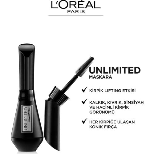 L'Oréal Paris Mascara, czarny tusz do rzęs do intensywnego liftingu rzęs, do 24 godzin utrwalenia i zginania, Unlimited Mascara, nr 00 czarny, 1 x 7,4 ml