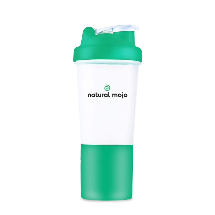 Natural Mojo Shaker Premium – Superfood Training -Buddy jako shaker proteinowy i do innych suplementów diety, pojemność 500 ml z siatką, kolor zielony