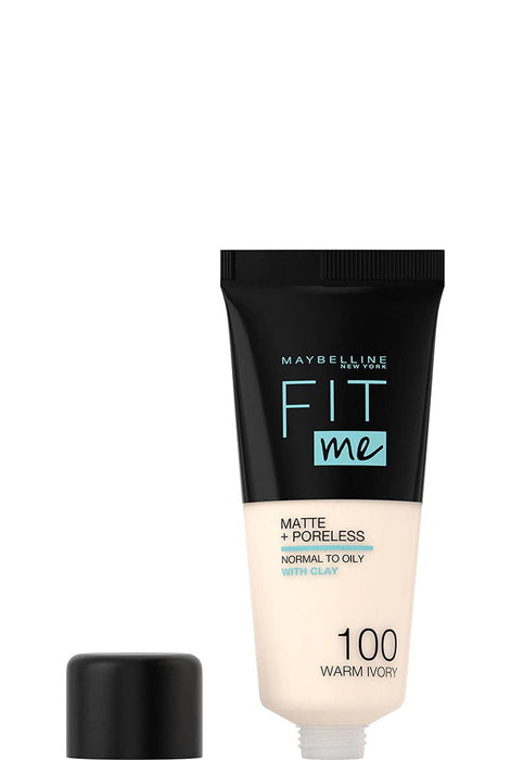 Maybelline New York Fit Me Matte+Poreless matujący podkład dla skóry mieszanej i tłustej, fluid z glinką kosmetyczną, naturalny mat bez świecenia, 100 Warm Ivory, 30 ml