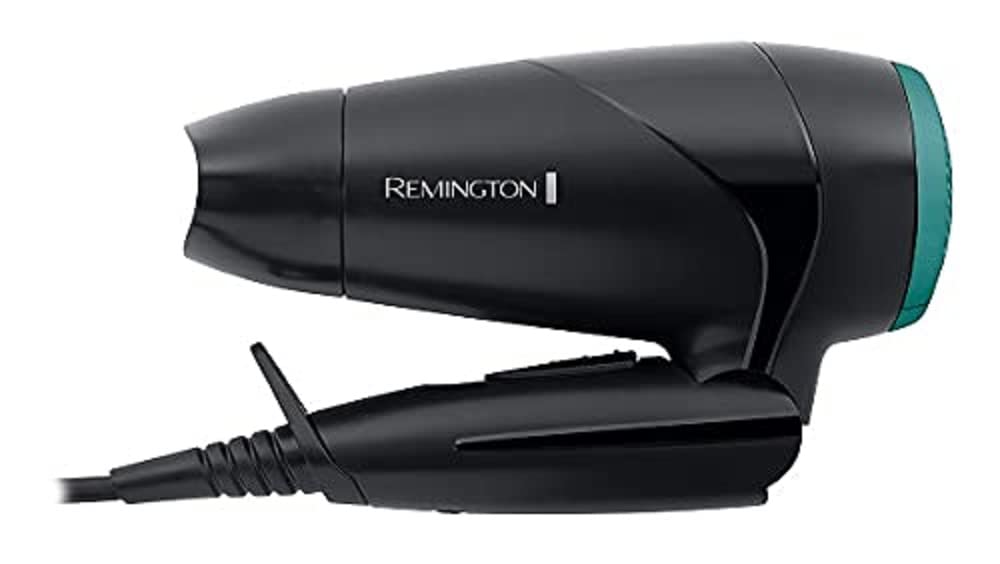 Remington suszarka do włosów turystyczna, podróżna, kompaktowa, ze składaną rączką, 2 ust. nagrzewania i 2 ust. nawiewu, koncentrator i dyfuzor, łatwa w czyszczeniu, moc 2000W, czarna, On The Go D1500