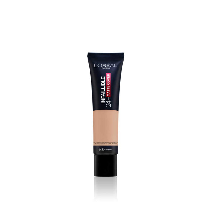 L'Oréal Paris Infaillible 24H Matte Cover 145 beżowy różowy/różowo-beżowy, długotrwały płynny makijaż, wysoka siła krycia, odporny na działanie wody i ścierania