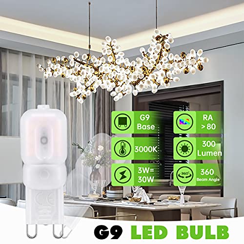 Żarówka LED G9, 10 szt., Bombubilla bez migotania, 3 W, żarówka LED Base Pin G9, 3000 K, ciepła biel AC 220 V, zastępuje żarówki halogenowe 30 W, bez możliwości ściemniania