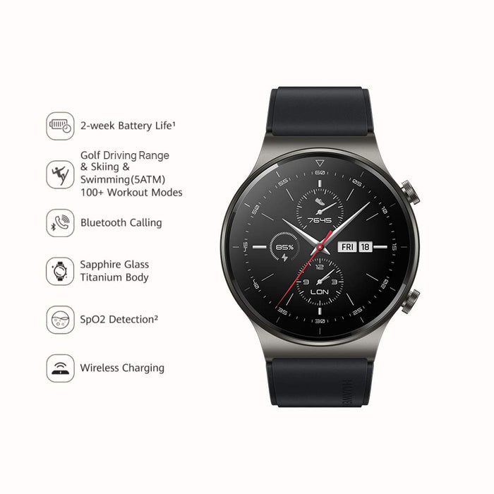 Huawei Watch GT 2 Pro Sport, Smartwatch z GPS i Pulsoksymetrem, Tytanowa Koperta, Szafirowe Szkło, Czarny