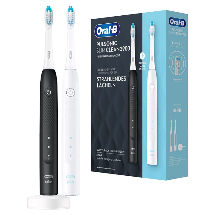 Oral-B Pulsonic Slim Clean 2900 elektryczna szczoteczka do zębów, dwupak z 2 końcówkami, 2 tryby czyszczenia do zębów z timerem, prezent dla niej / dla niego, czarno-biała