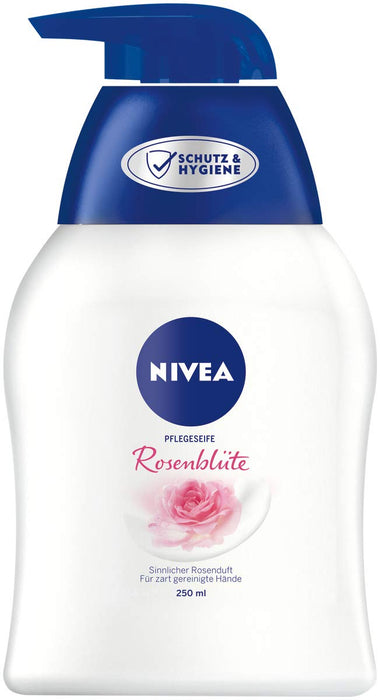 NIVEA Mydło pielęgnacyjne kwiat róży (250 ml), pielęgnujące mydło w płynie dla odczuwalnie miękkich, gładkich dłoni, przyjazne dla skóry mydło do rąk o zapachu kwiatu róży