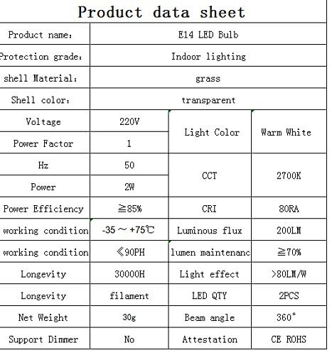 Żarówka do lodówki E14 LED, AC 220-240 V (2 W zamiennik dla lamp halogenowych 25 W), ciepła biel 2700 K (2 sztuki)