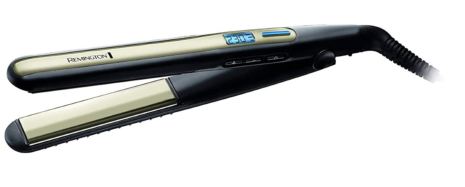 Remington prostownica do włosów z jonizacją, smukły kształt umożliwia kręcenie włosów, zakres temp. 150-230°C, szybkie nagrzewanie, obrotowy przewód, moc 42W, czarno-złota, Sleek&Curl S6500