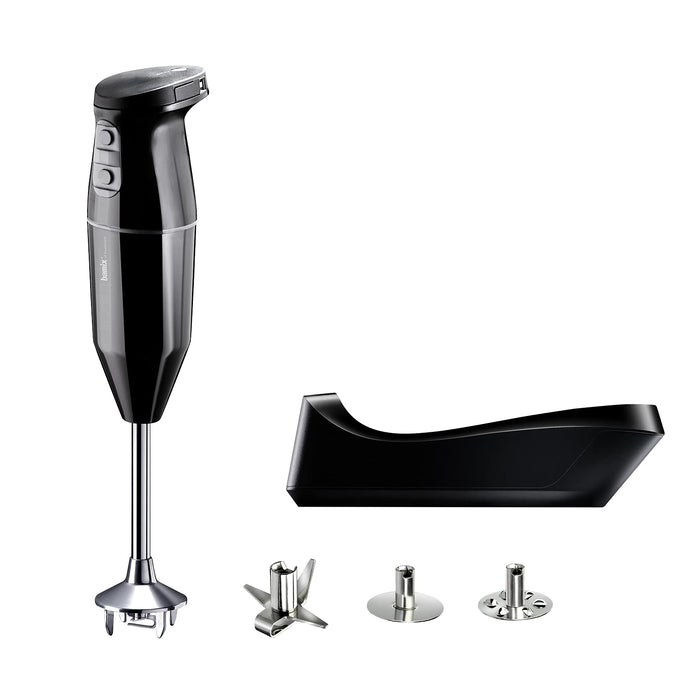 bamix cordless Zestaw blendera ręcznego, ze Stacją ładującą, Nożem wielofunkcyjnym, Trzepaczką, Tarczą ubijającą ze stali szlachetnej, 250 W, 2-stopniowy, Szwajcarski, Czarny