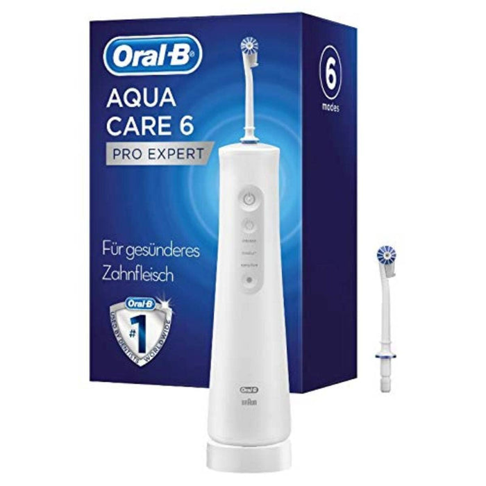 Oral-B AquaCare 6 Pro-Expert bezprzewodowy irygator do delikatnego czyszczenia przestrzeni między zębami, z technologią Oxyjet, 6 trybów, 2 dysze wymienne, biały/szary