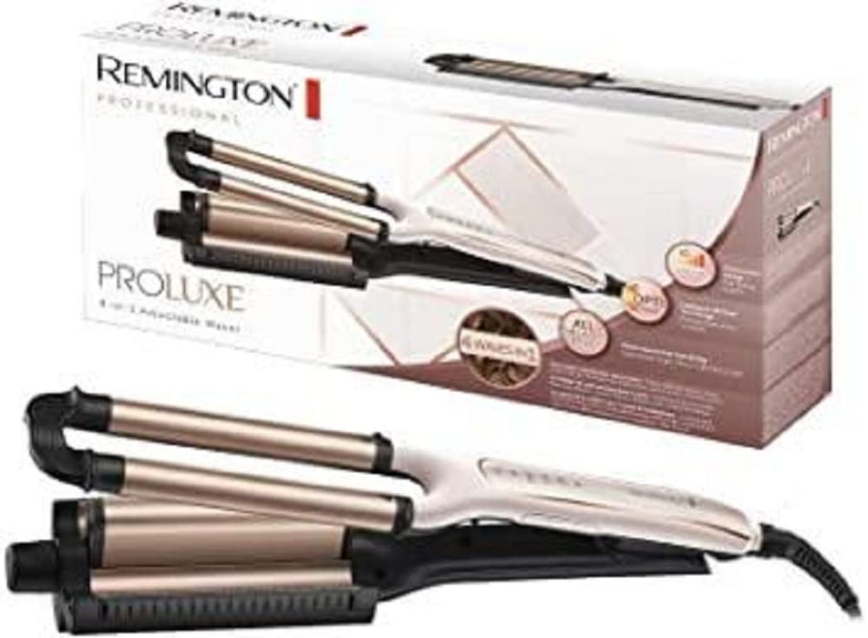 Remington falownica 4w1, inteligentna tech. OptiHeat utrwala fryzurę do 24h, 4 rodzaje fal, ceramiczna, regulacja do 210°C, szybkie nagrzewanie, zimne końcówki, moc 90W, kremowo-złota, PROluxe CI91AW