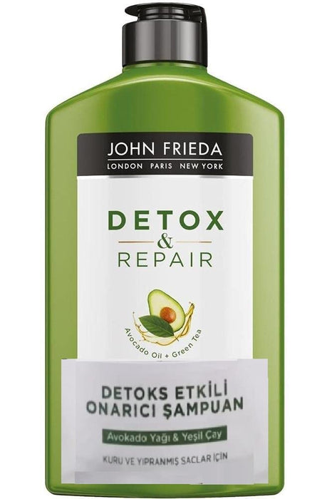 John Frieda Detox & Repair szampon do suchych, zniszczonych i uszkodzonych włosów, z olejkiem z awokado i zieloną herbatą, 250 ml