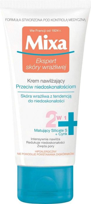 Mixa Przeciw Niedoskonałościom nawilżający krem do twarzy 2w1, z cynkiem i silikatem S, matujący, dla skóry wrażliwej z tendencją do niedoskonałości, 50 ml