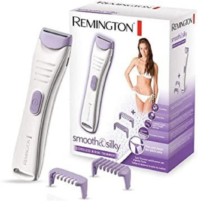 Remington depilator do bikini, trymer, bezprzewodowy, bez podrażnień, dwa grzebienie 2-4mm, na sucho i mokro, do 60 min. bezprzewodowej pracy, szczoteczka i etui, biało-fioletowy, Smooth&Silky BKT4000