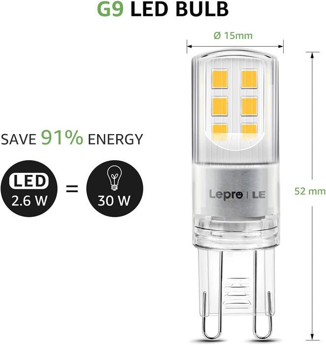 LE Żarówki LED G9, ciepła biała żarówka LED G9, odpowiednik żarówek halogenowych 30 W G9, 2,6 W, 320 lm, energooszczędna żarówka G9 2700 K dla Chanderliers i innych, nie ściemniana, 5 sztuk