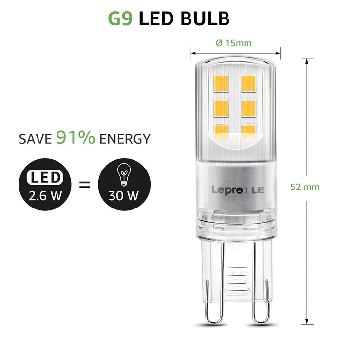 LE Żarówki LED G9, ciepła biała żarówka LED G9, odpowiednik żarówek halogenowych 30 W G9, 2,6 W, 320 lm, energooszczędna żarówka G9 2700 K dla Chanderliers i innych, nie ściemniana, 5 sztuk