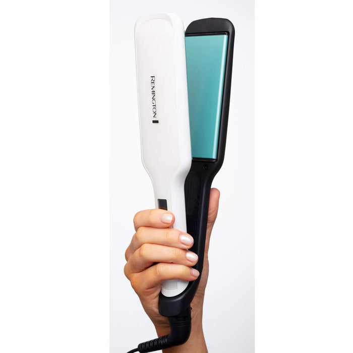 Remington prostownica do włosów, płytki ceramiczne z mikroodżywkami z marokańskim olejem, bardzo szerokie płytki, zakres temp. 150-235°C, ruchome płytki, obrotowy przewód, biała, Shine Therapy S8550