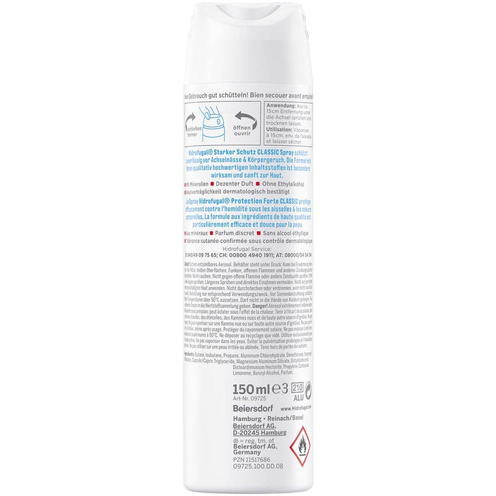 Hidrofugal Klasyczny spray (150 ml), silna ochrona antyperspirant o subtelnym zapachu, dezodorant w sprayu zapewnia niezawodną ochronę bez alkoholu etylowego