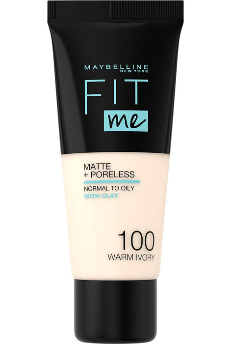 Maybelline New York Fit Me Matte+Poreless matujący podkład dla skóry mieszanej i tłustej, fluid z glinką kosmetyczną, naturalny mat bez świecenia, 100 Warm Ivory, 30 ml
