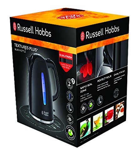 Russell Hobbs czajnik elektryczny, strefy szybkiego gotowania, filtr antywapienny, kontroler strix, niebieskie podświetlenie, moc 2400W, czarny mat, Textures Plus 22591-70