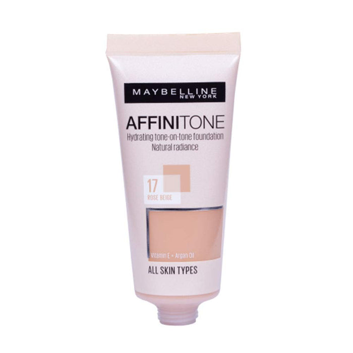 Maybelline New York Affinitone nawilżający podkład do twarzy w płynie z kwasem hialuronowym i witaminą E, fluid rozświetlający, bez efektu maski, 17 Rose Beige – beżowy róż, 30 ml