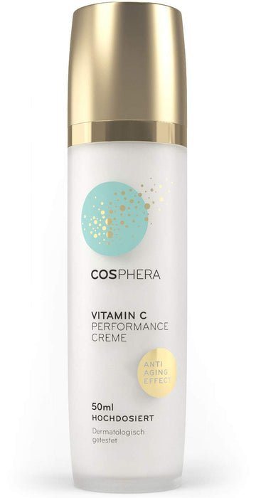Cosphera - Witamina C Performance Creme 50 ml – z kwasem hialuronowym – wegański krem na dzień i na noc, wysoka dawka na twarz, szyję, oczy – przeciwzmarszczkowa pielęgnacja nawilżająca dla kobiet i mężczyzn