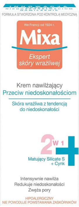 Mixa Przeciw Niedoskonałościom nawilżający krem do twarzy 2w1, z cynkiem i silikatem S, matujący, dla skóry wrażliwej z tendencją do niedoskonałości, 50 ml