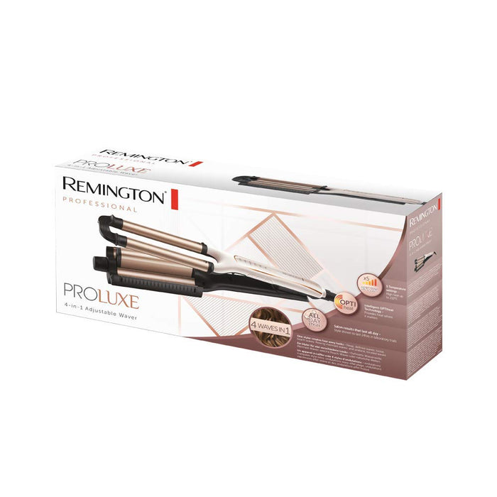 Remington falownica 4w1, inteligentna tech. OptiHeat utrwala fryzurę do 24h, 4 rodzaje fal, ceramiczna, regulacja do 210°C, szybkie nagrzewanie, zimne końcówki, moc 90W, kremowo-złota, PROluxe CI91AW