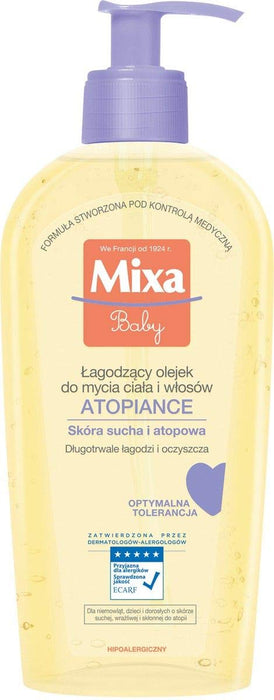 Mixa Baby hipoalergiczny, łagodzący olejek do mycia ciała i włosów z kwasami,certyfikat ECARF, odpowiedni dla niemowląt, dla skóry suchej i atopowej, 250 ml