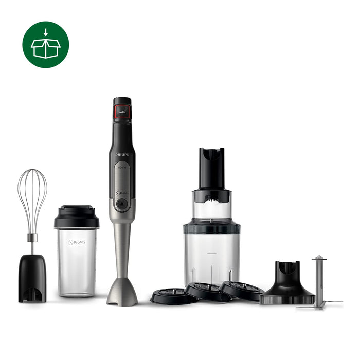 Philips Blender ręczny - 800 W, Trzepaczka, Spiralne ostrze do warzyw, Technologia ProMix i Speed Touch, Biały (HR2657/90)