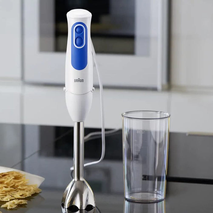 Braun mikser ręczny MQ 3000 Smoothie+ – MultiQuick 3 blender z podstawką miksującą ze stali nierdzewnej, 700 W, wraz z kubkiem do miksowania o pojemności 600 ml, biały/niebieski