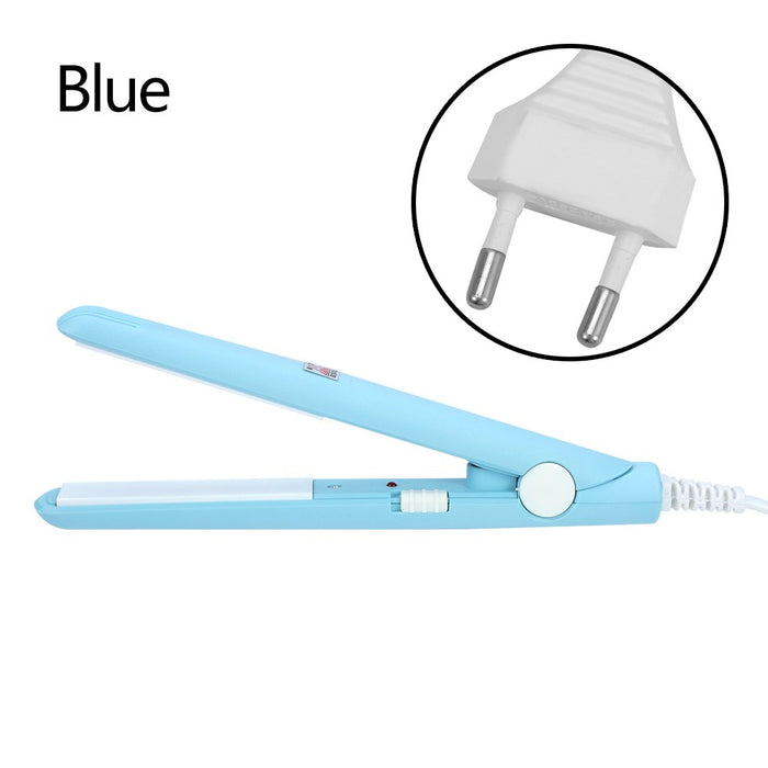 Prostownica do włosów, 4 kolory 2 w 1 Mini Straightener Prostownica do włosów Ceramiczna płyta turmalinowa Beauty Flat Iron Lokówka grzewcza z temperaturą 190 ℃ dla prostych loków włosów (niebieski USA)