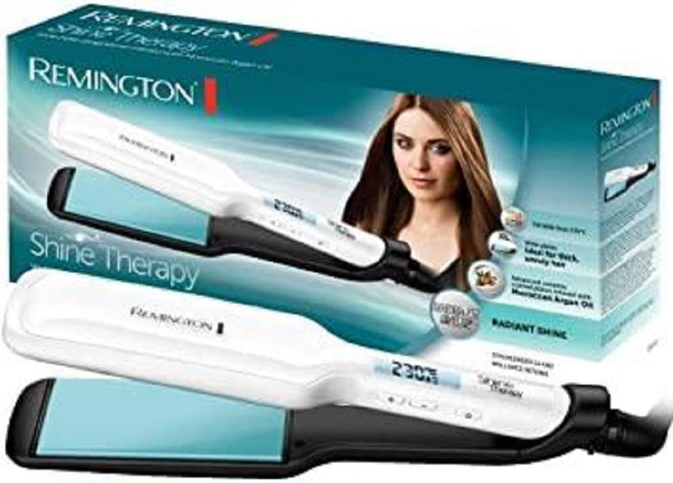 Remington prostownica do włosów, płytki ceramiczne z mikroodżywkami z marokańskim olejem, bardzo szerokie płytki, zakres temp. 150-235°C, ruchome płytki, obrotowy przewód, biała, Shine Therapy S8550