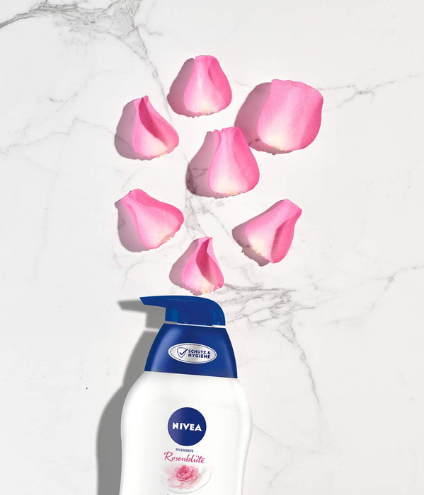 NIVEA Mydło pielęgnacyjne kwiat róży (250 ml), pielęgnujące mydło w płynie dla odczuwalnie miękkich, gładkich dłoni, przyjazne dla skóry mydło do rąk o zapachu kwiatu róży