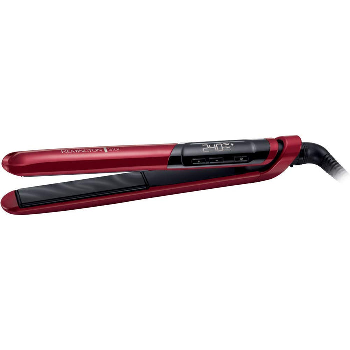 Remington prostownica do włosów, powłoka ceramiczna z proteinami jedwabiu, zakres temp. 150-235°C, funkcja Turbo, szybkie nagrzewanie, obrotowy przewód, eleganckie etui, czerwono-czarna, Silk S9600